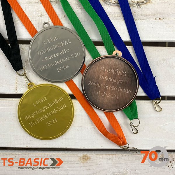 Preview: Medaille BASIC 70 mit Gravurbeispielen und 11-mm-Bändern in verschiedenen Farben