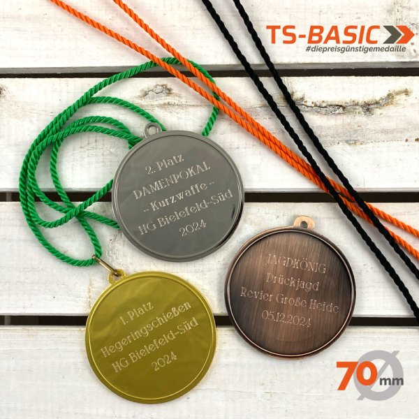 Medaille BASIC 70 mit Gravurbeispielen und Umhängekordeln in verschiedenen Farben