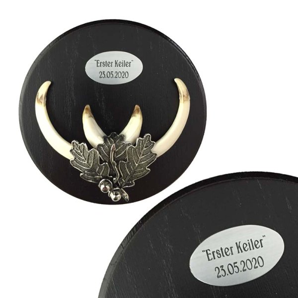 Preview: Montagebeispiel Plakette oval in ABS silber mit Keilerwaffen