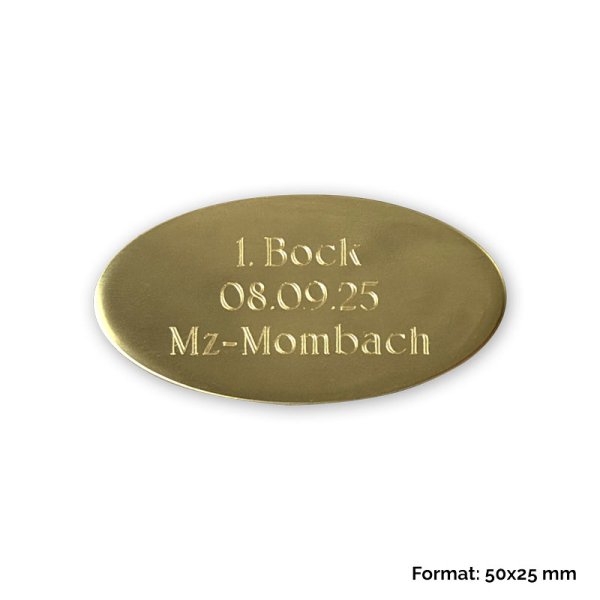 Preview: Messingplakette 50x25 mm oval mit 3-zeiliger Beispielgravur