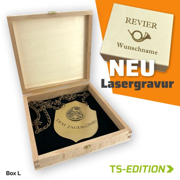 Aufbewahrungsboxen für Jagd-/Königsketten auch mit individueller Lasergravur