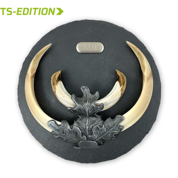 Preview: Keilerwaffen mit Abdeckung in altsilber auf Trophäenschiefer (18 cm)