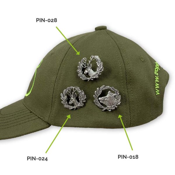 Preview: Anstecker Hirsch, Rehbock und Keilerkopf mit Kranz am grünen Cap