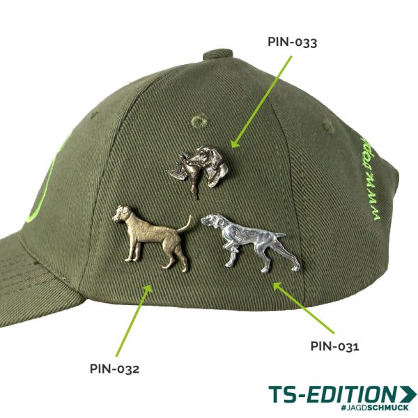 Preview: Jagdhund-Pins am Cap – Terrier, Kurzhaar und Jagdhund mit Ente