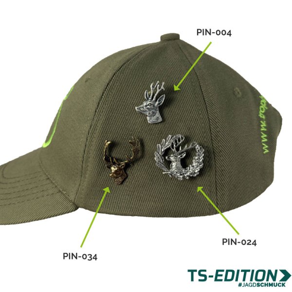 Preview: Pin/Anstecker DAMHIRSCH, Rothirsch und Rehbock am grünen Cap