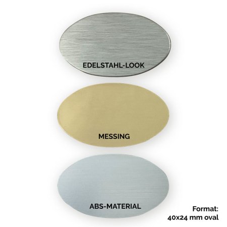ovale Plaketten (40x24 mm) in Messing, Aluminium und ABS-Material