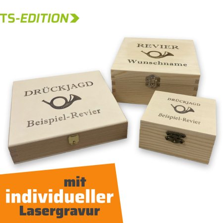 Lasergravurbeispiele auf Aufbewahrungsboxen für Jagdketten