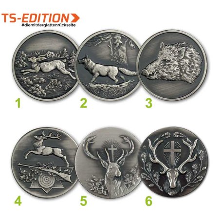 6 verschiedene 3D-Embleme in altsilber