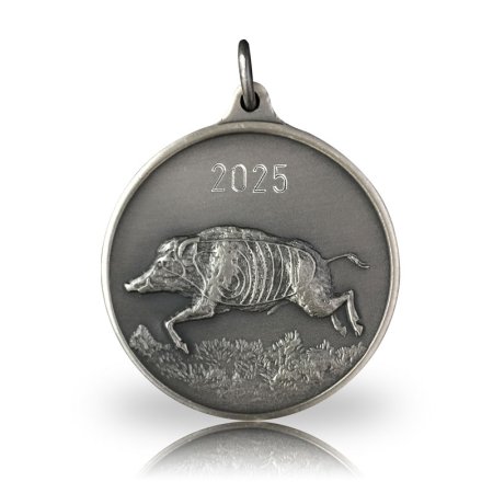 Jagdmedaille Motiv LAUFENDER KEILER in altsilber mit gravierter Jahreszahl 2025