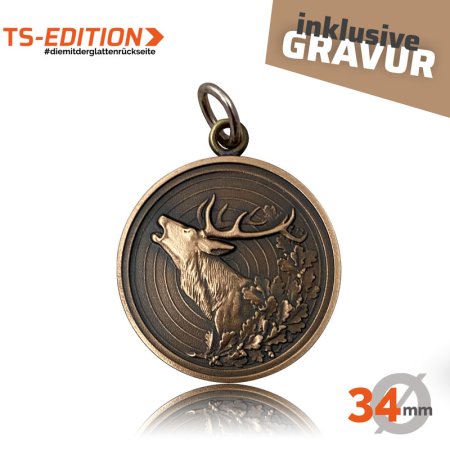 Jagdmedaille Motiv HIRSCH mit Doppelrand in 34 mm altbronze