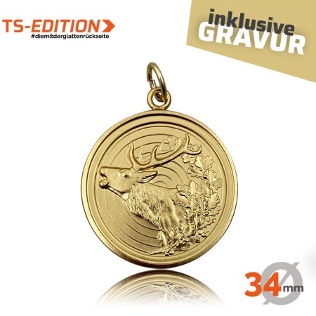 Jagdmedaille Motiv HIRSCH mit Doppelrand in 34 mm vergoldet