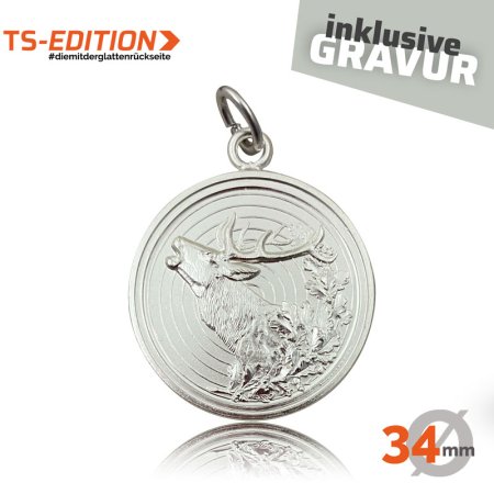 Jagdmedaille Motiv HIRSCH mit Doppelrand in 34 mm silber