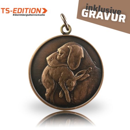 Jagdmedaille TS-EDITION Motiv Jagdhund mit Hase in altbronze