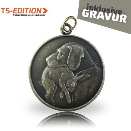 Jagdmedaille TS-EDITION Motiv Jagdhund mit Hase in altsilber