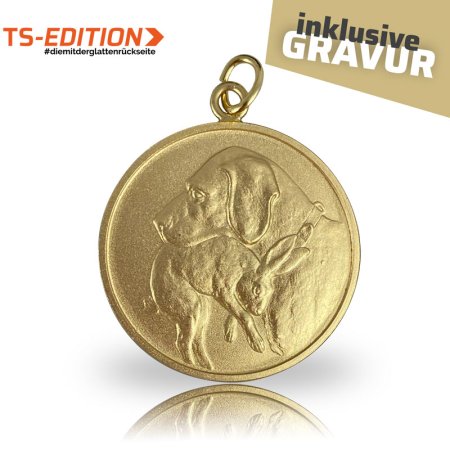 Jagdmedaille TS-EDITION Motiv Jagdhund mit Hase in gold
