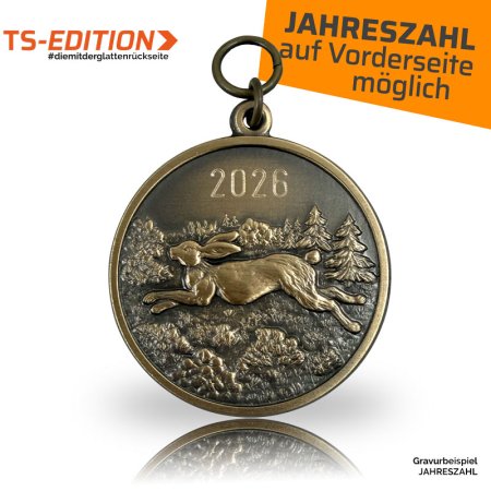 Jagdmedaille TS – FELDHASE mit Gravur der Jahreszahl auf der Vorderseite
