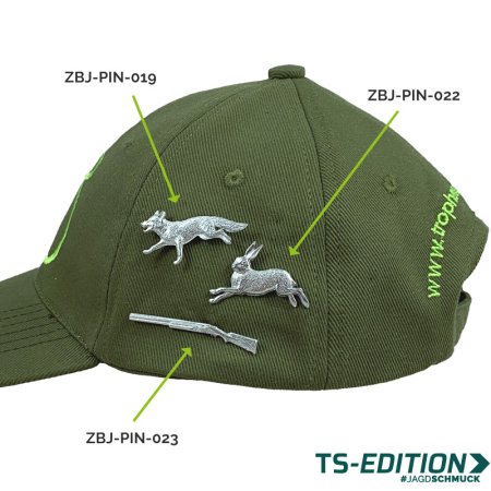 Pins/Anstecker Hase, Fuchs und Flinte am Cap