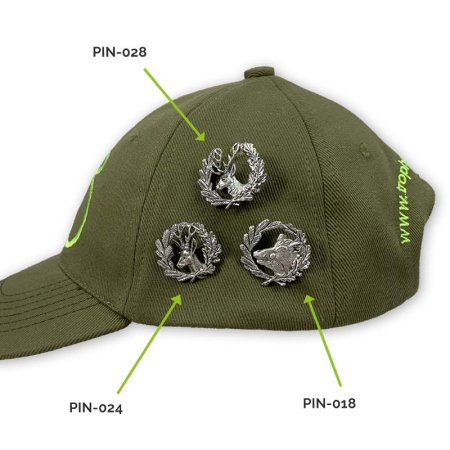 Anstecker Hirsch, Rehbock und Keilerkopf mit Kranz am grünen Cap