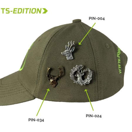 Pin/Anstecker DAMHIRSCH, Rothirsch und Rehbock am grünen Cap