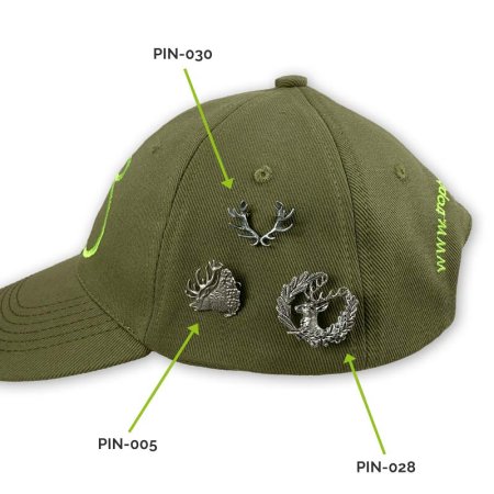 Pin/Anstecker HIRSCHGEWEIH, Hirsch und Hirsch mit Kranz am grünen Cap