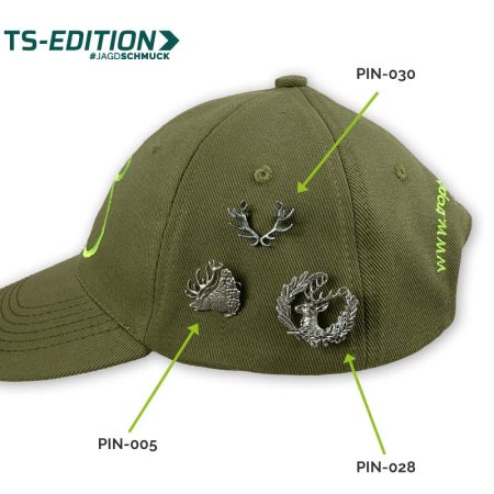 Pin/Anstecker HIRSCHGEWEIH, Hirsch und Hirsch mit Kranz am grünen Cap