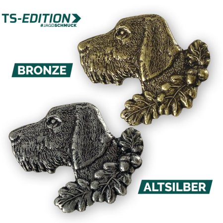 Pin/Anstecker – Motiv DRAHTHAARKOPF in altsilber und bronze